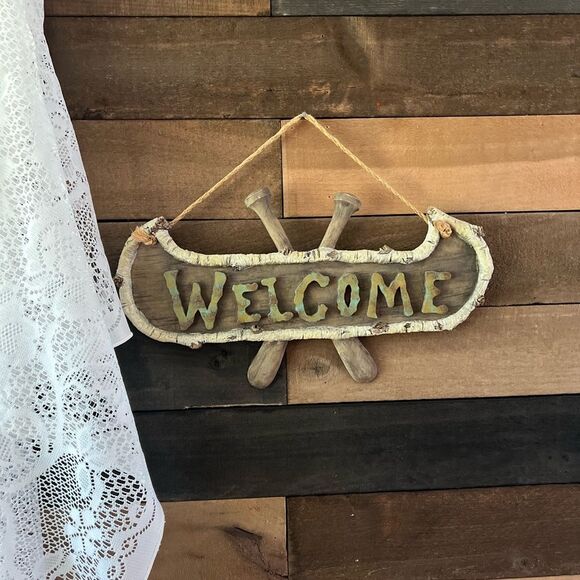 Welcome Sign Birch Wood Style Canoe with Paddles Rustic Lake House Home Decor - Picture 2 of 7